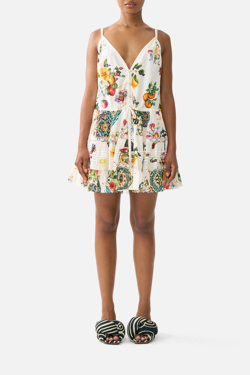 The CAMILLA gather waist short dress in our print Magic of the Mercado. Front model view.