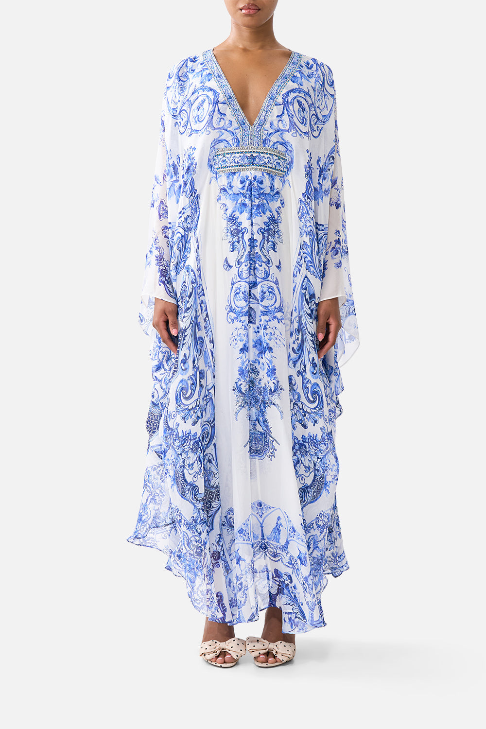 The CAMILLA LONG KAFTAN WITH WAIST DETAIL CERAMIC PANORAMIC in our CERAMIC PANORAMIC print.