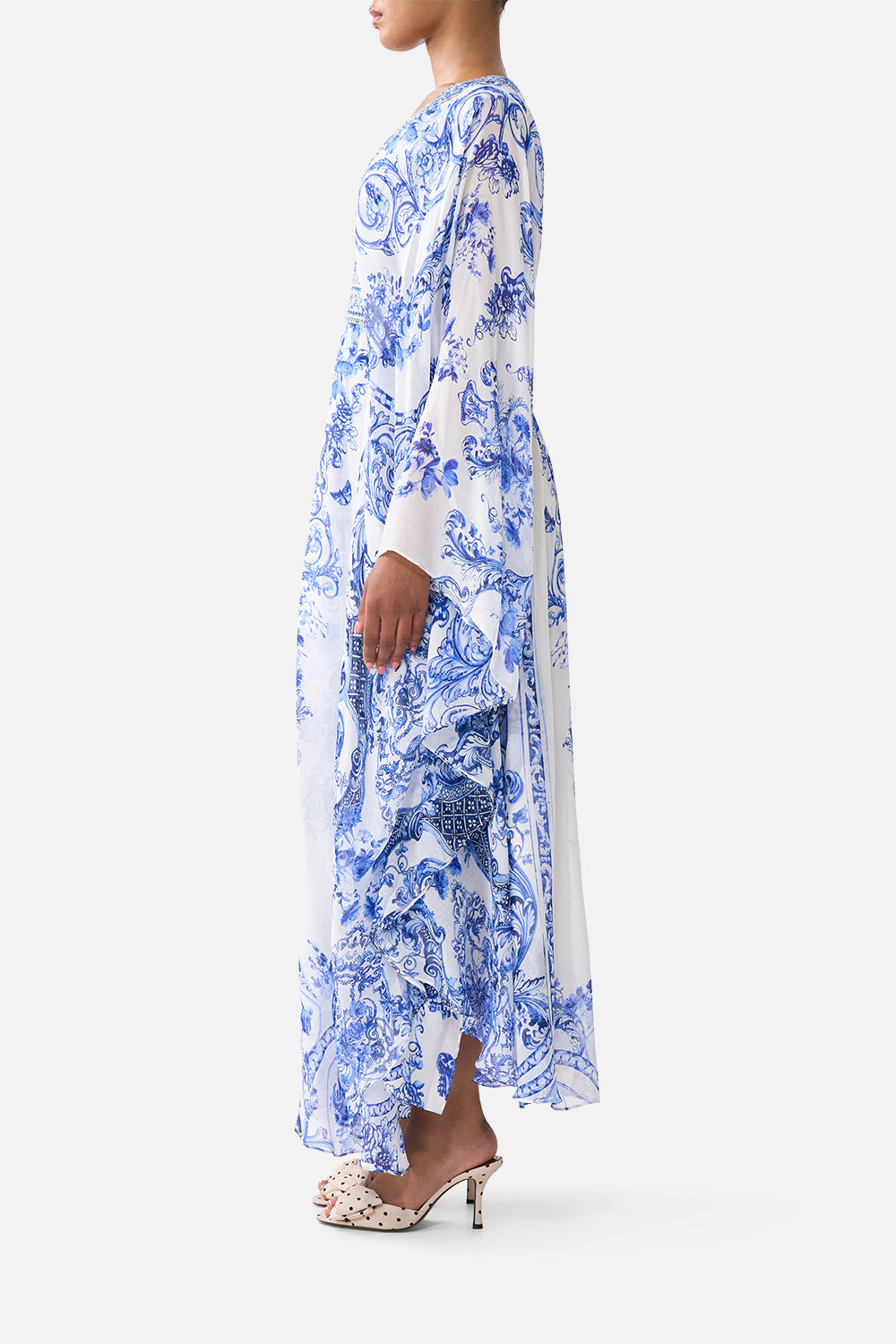 The CAMILLA LONG KAFTAN WITH WAIST DETAIL CERAMIC PANORAMIC in our  print.