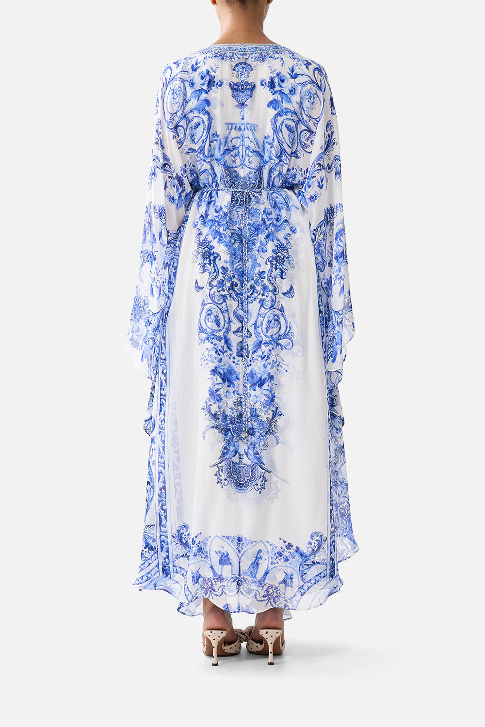The CAMILLA LONG KAFTAN WITH WAIST DETAIL CERAMIC PANORAMIC in our  print.