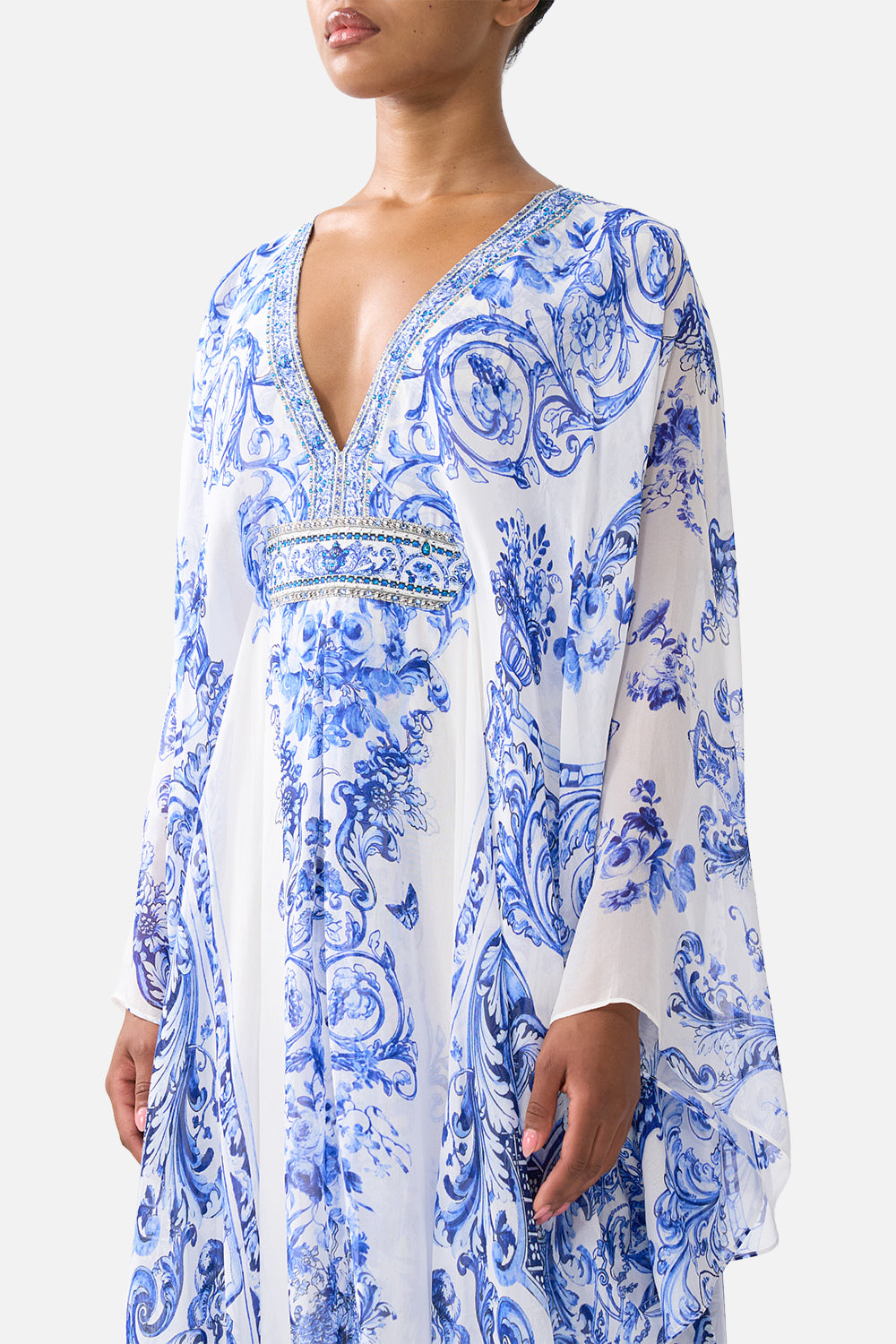 The CAMILLA LONG KAFTAN WITH WAIST DETAIL CERAMIC PANORAMIC in our  print.