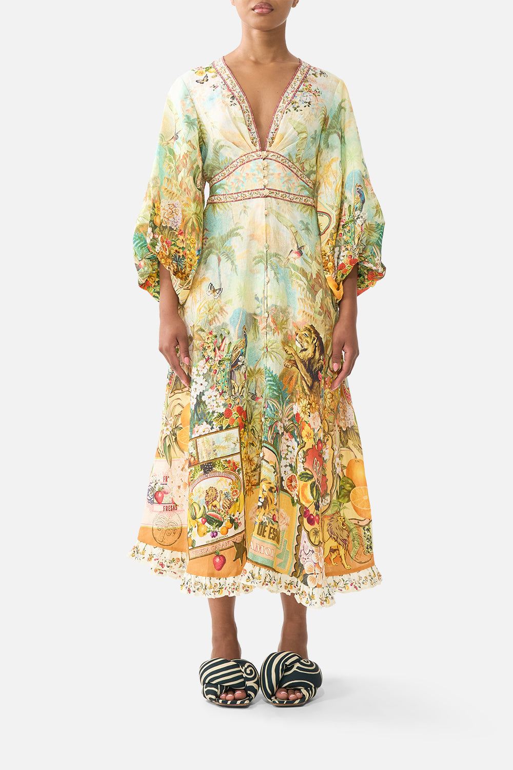 The CAMILLA shaped waistband midi dress in our print Va Va Vintage. Front model view.