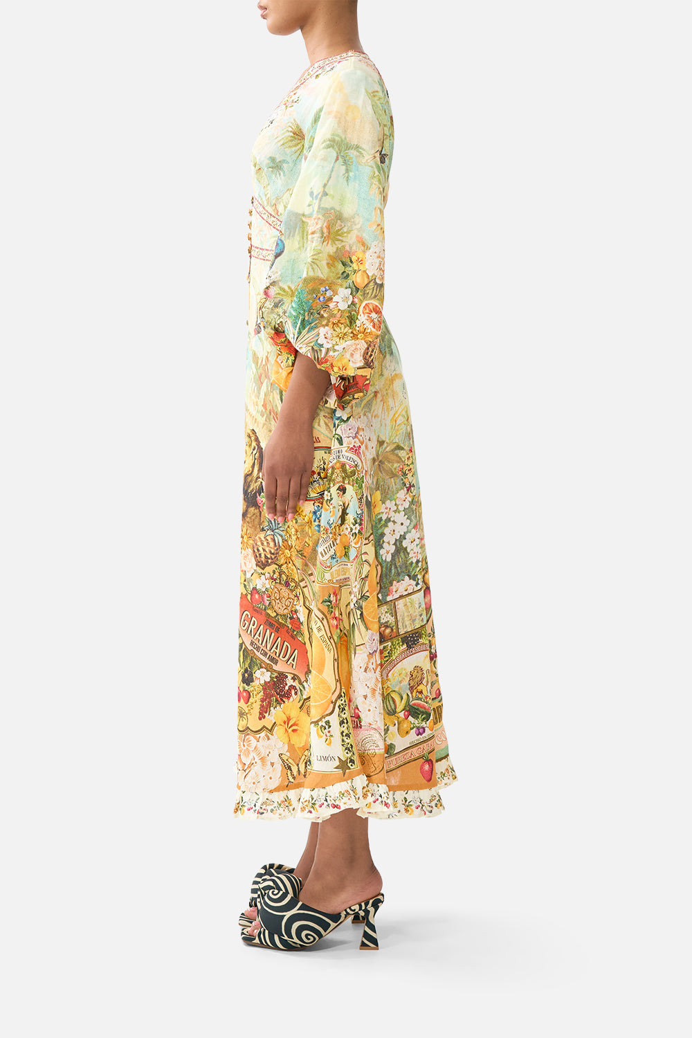 The CAMILLA shaped waistband midi dress in our print Va Va Vintage. Back model view.