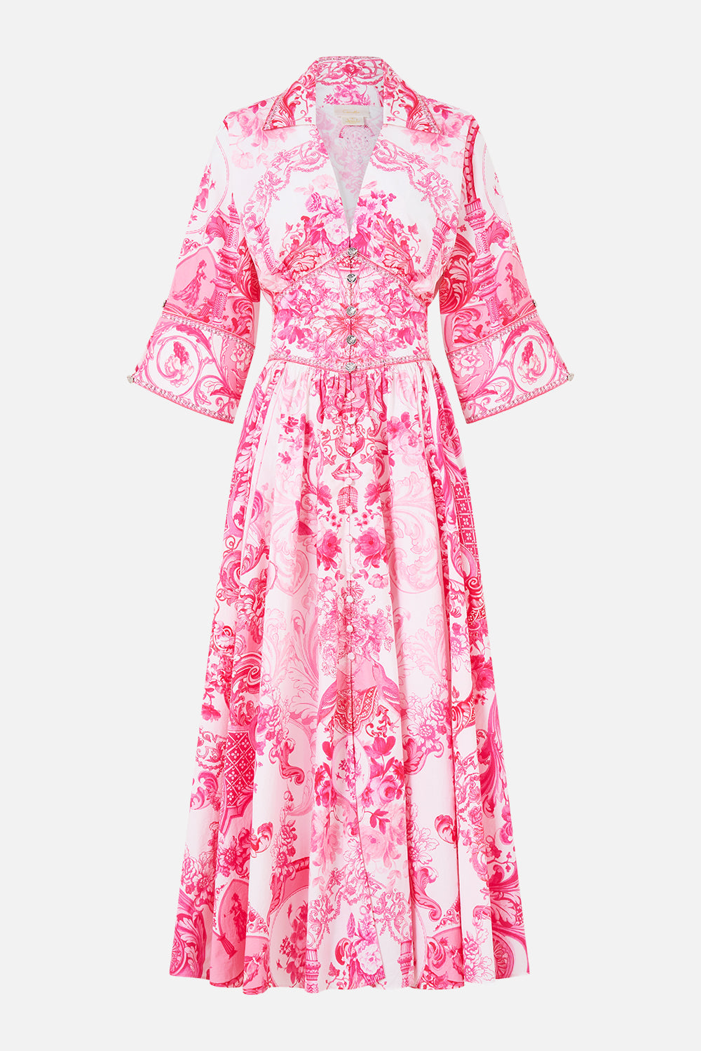 The CAMILLA SHAPED WAISTBAND MIDI DRESS LIVIN LA VIDA ROSA in our  print.