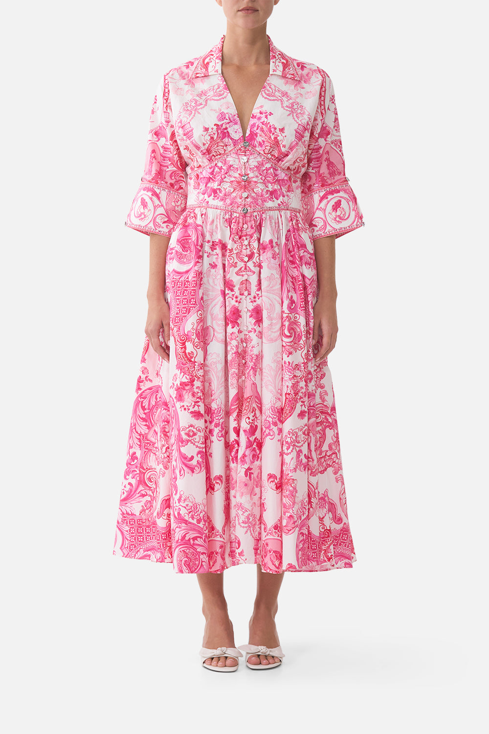 The CAMILLA SHAPED WAISTBAND MIDI DRESS LIVIN LA VIDA ROSA in our LIVIN LA VIDA ROSA print.