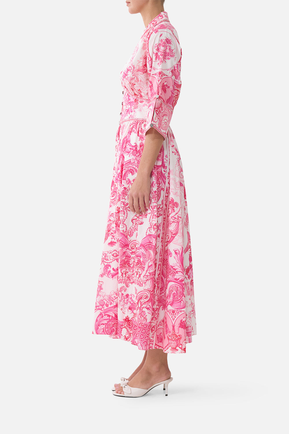 The CAMILLA SHAPED WAISTBAND MIDI DRESS LIVIN LA VIDA ROSA in our  print.