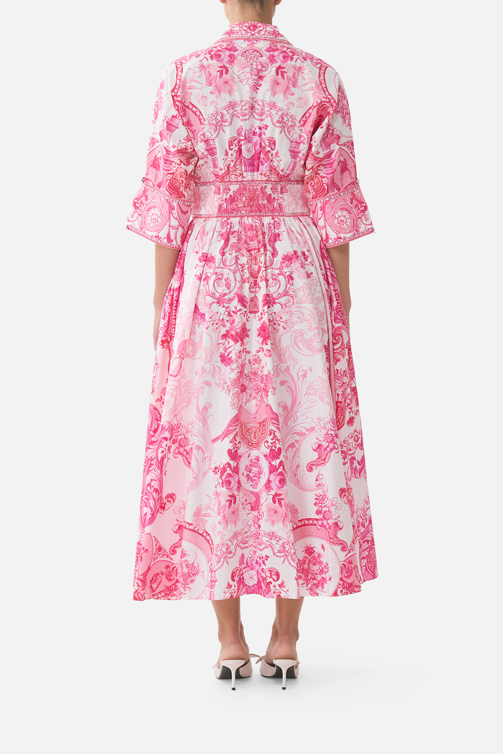 The CAMILLA SHAPED WAISTBAND MIDI DRESS LIVIN LA VIDA ROSA in our  print.