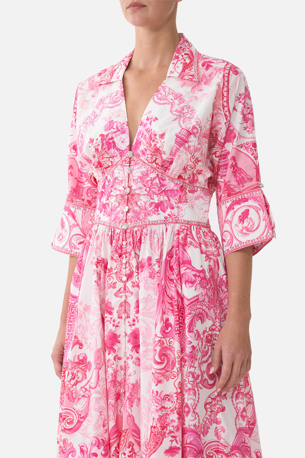 The CAMILLA SHAPED WAISTBAND MIDI DRESS LIVIN LA VIDA ROSA in our  print.