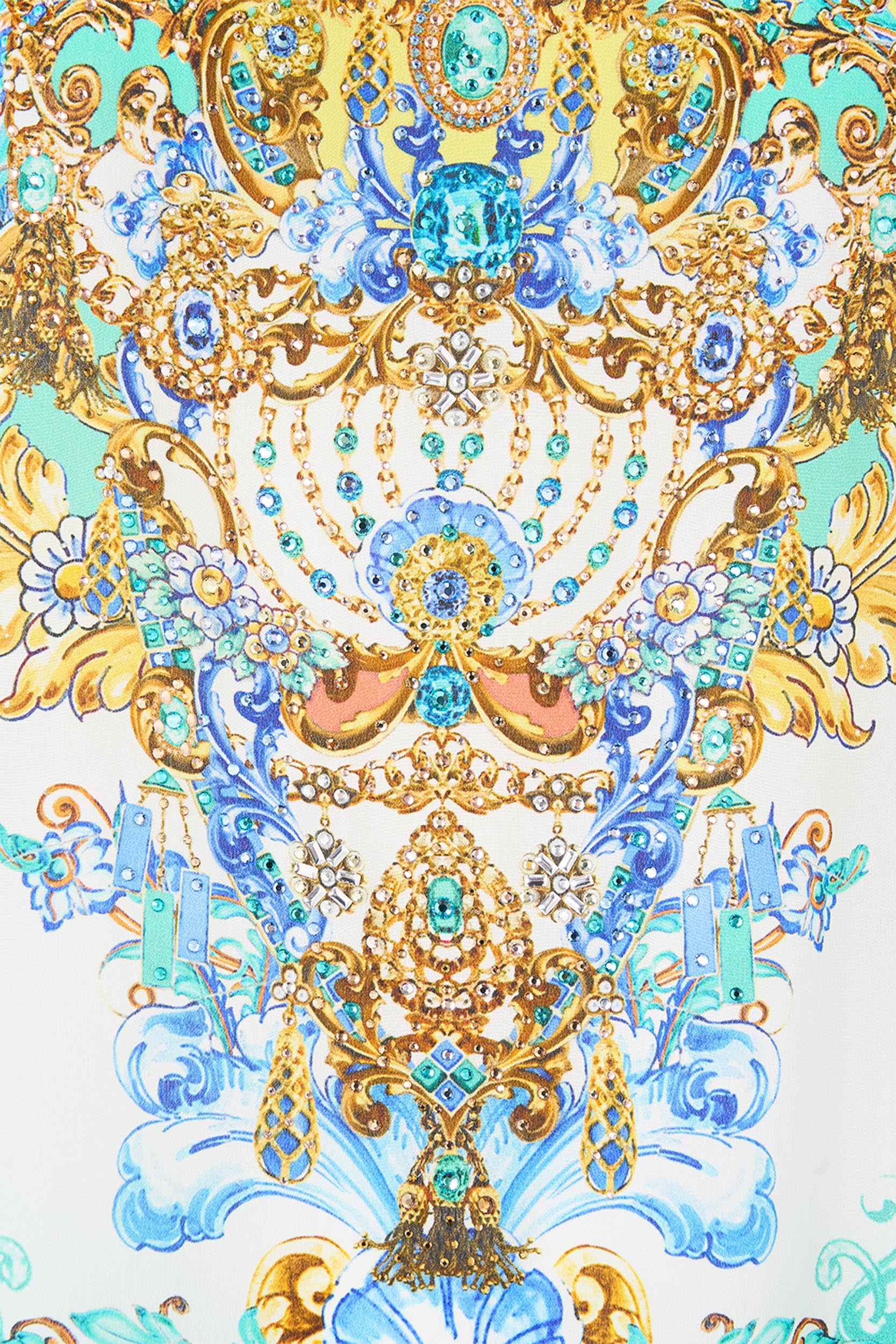 The CAMILLA SHORT ROUND NECK KAFTAN DIAL UP THE TILES in our  print.