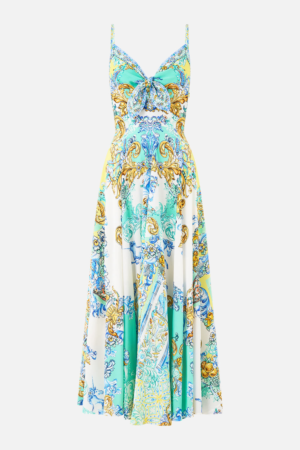 The CAMILLA LONG DRESS WITH TIE FRONT DIAL UP THE TILES in our  print.