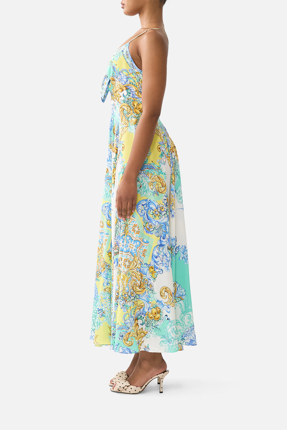 The CAMILLA LONG DRESS WITH TIE FRONT DIAL UP THE TILES in our  print.