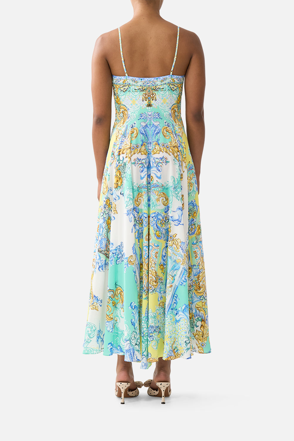 The CAMILLA LONG DRESS WITH TIE FRONT DIAL UP THE TILES in our  print.