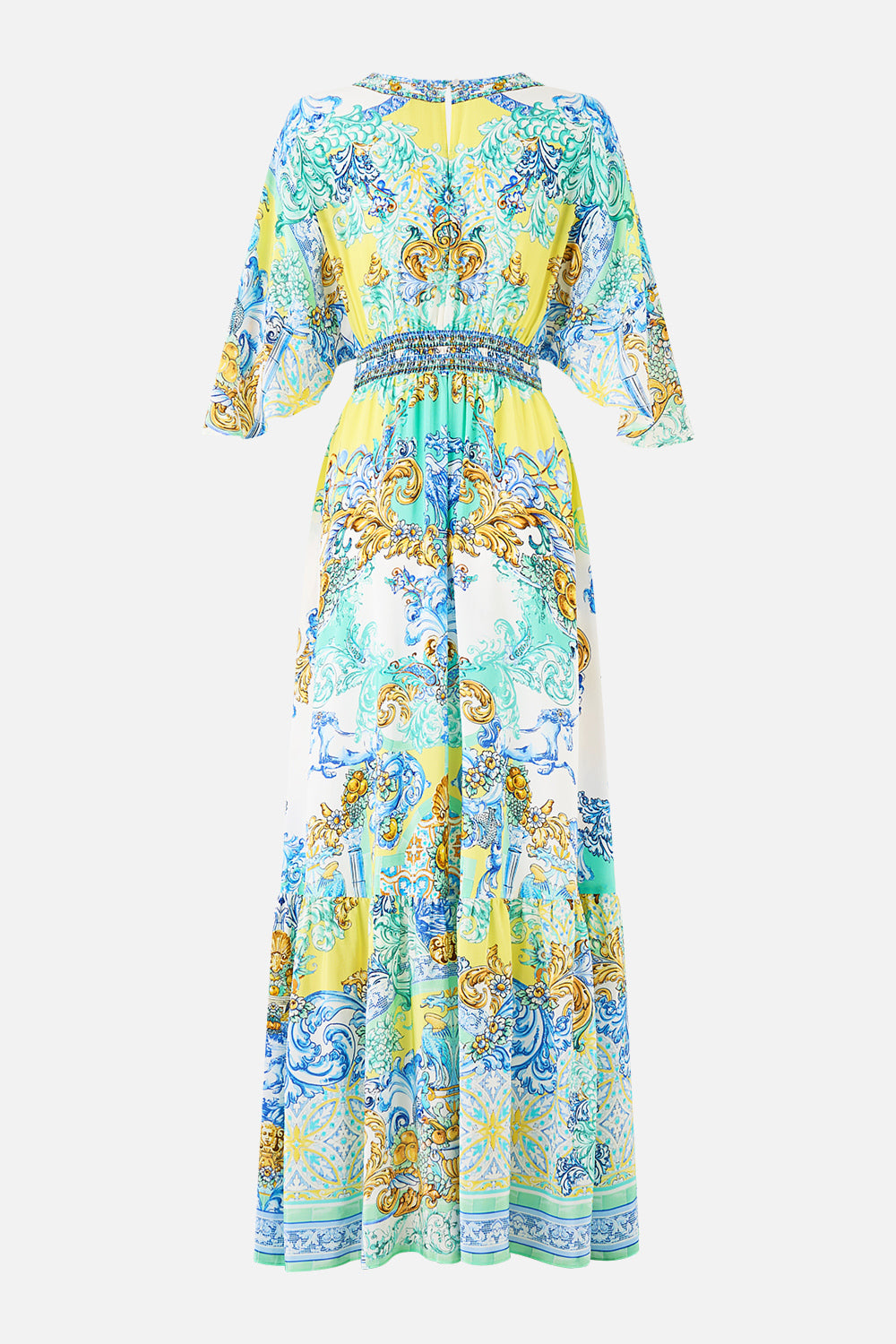 The CAMILLA WAISTED DRESS WITH HEM RUFFLE DIAL UP THE TILES in our  print.