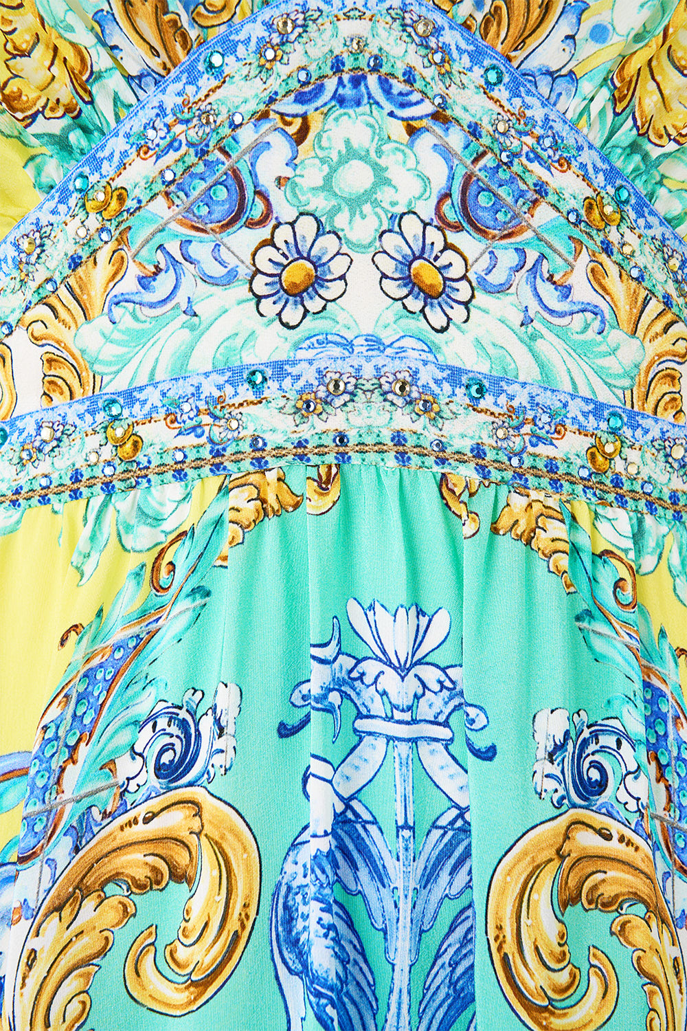 The CAMILLA WAISTED DRESS WITH HEM RUFFLE DIAL UP THE TILES in our  print.