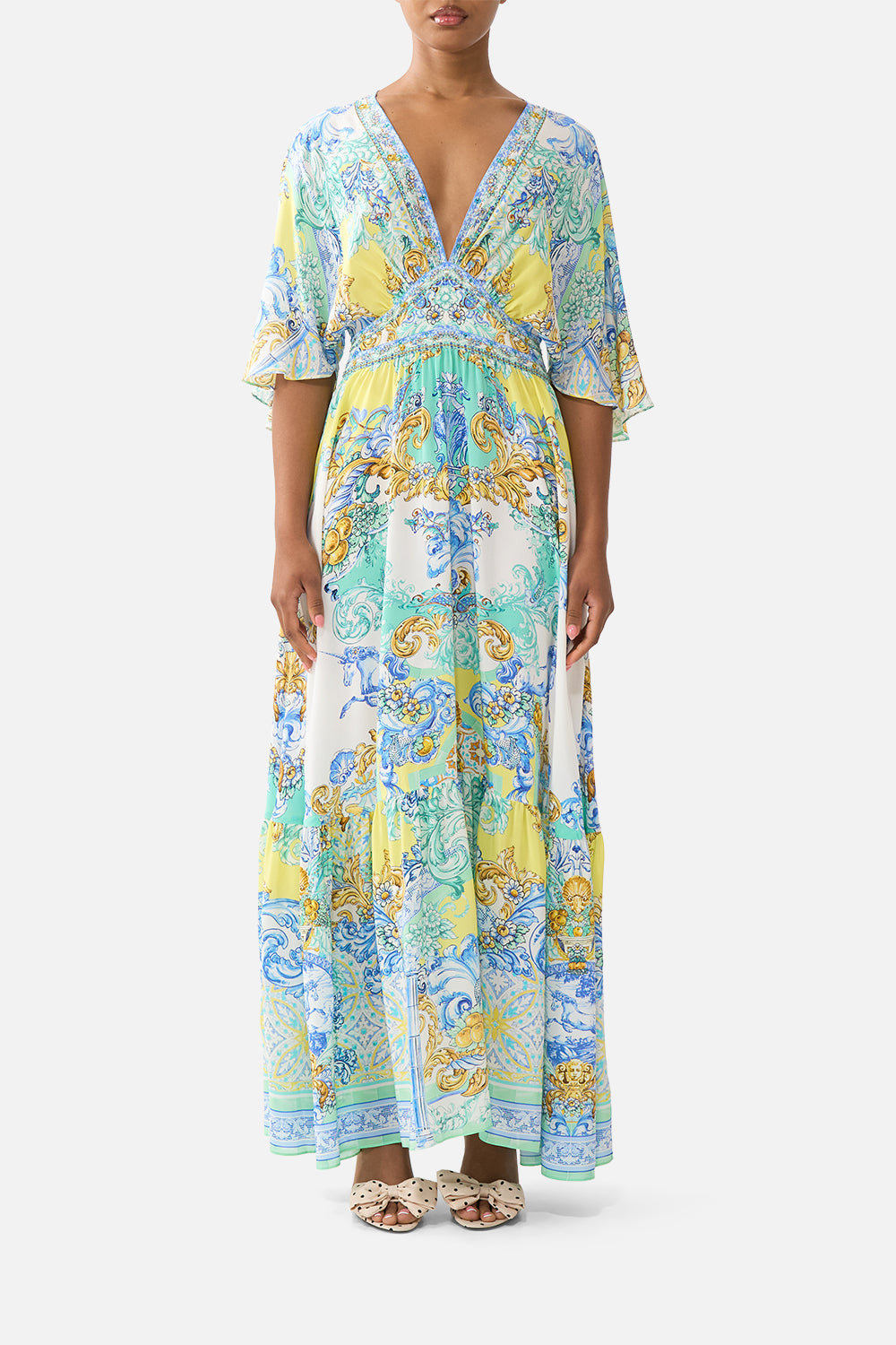 The CAMILLA WAISTED DRESS WITH HEM RUFFLE DIAL UP THE TILES in our DIAL UP THE TILES print.