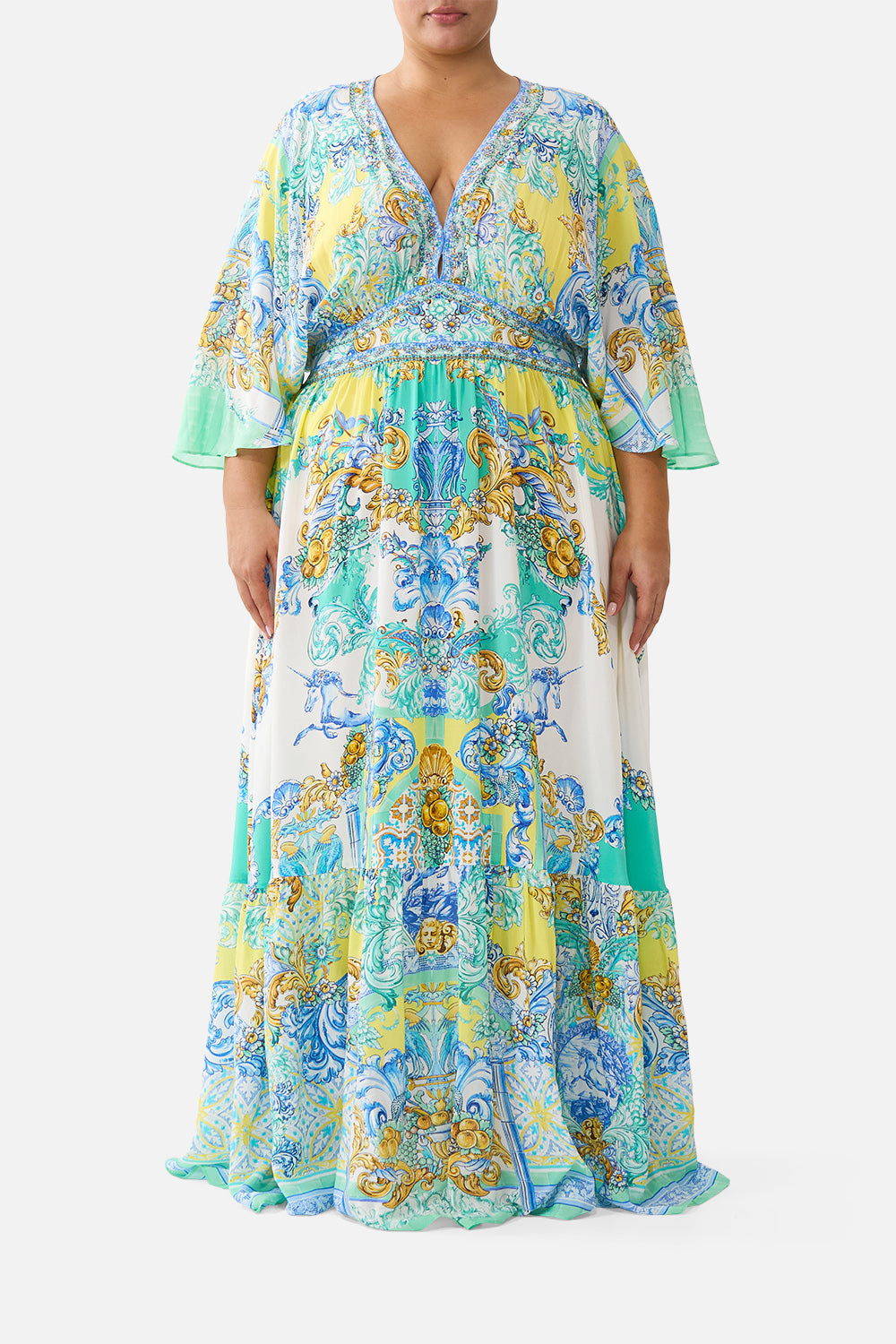 The CAMILLA WAISTED DRESS WITH HEM RUFFLE DIAL UP THE TILES in our  print.