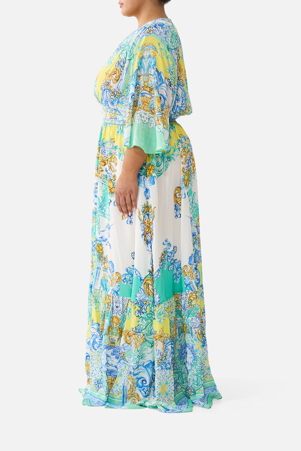 The CAMILLA WAISTED DRESS WITH HEM RUFFLE DIAL UP THE TILES in our  print.