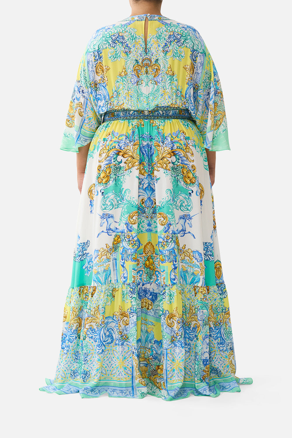 The CAMILLA WAISTED DRESS WITH HEM RUFFLE DIAL UP THE TILES in our  print.