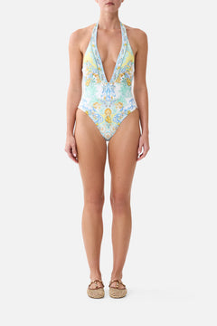 PLUNGE HALTER ONE PIECE W BAR FRONT TRIM DIAL UP THE TILES