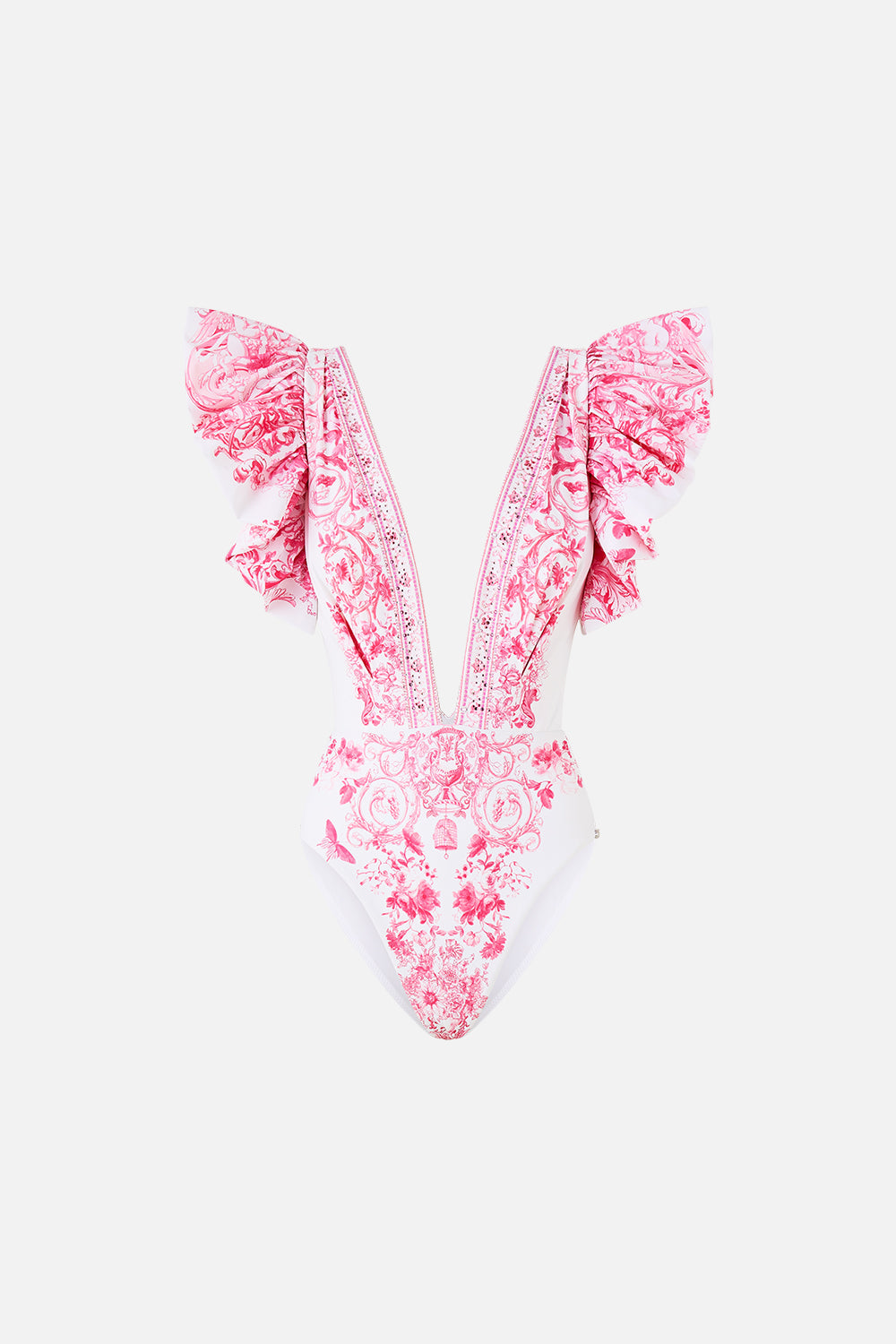 PLUNGE ONE PIECE W PLEATED RUFFLE SLEEVES LIVIN LA VIDA ROSA