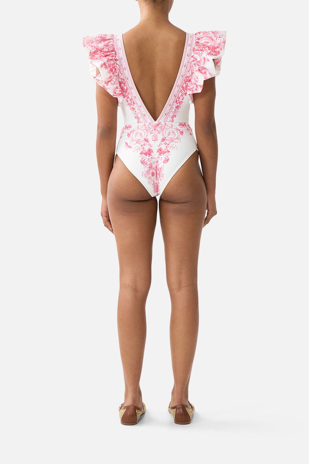 PLUNGE ONE PIECE W PLEATED RUFFLE SLEEVES LIVIN LA VIDA ROSA
