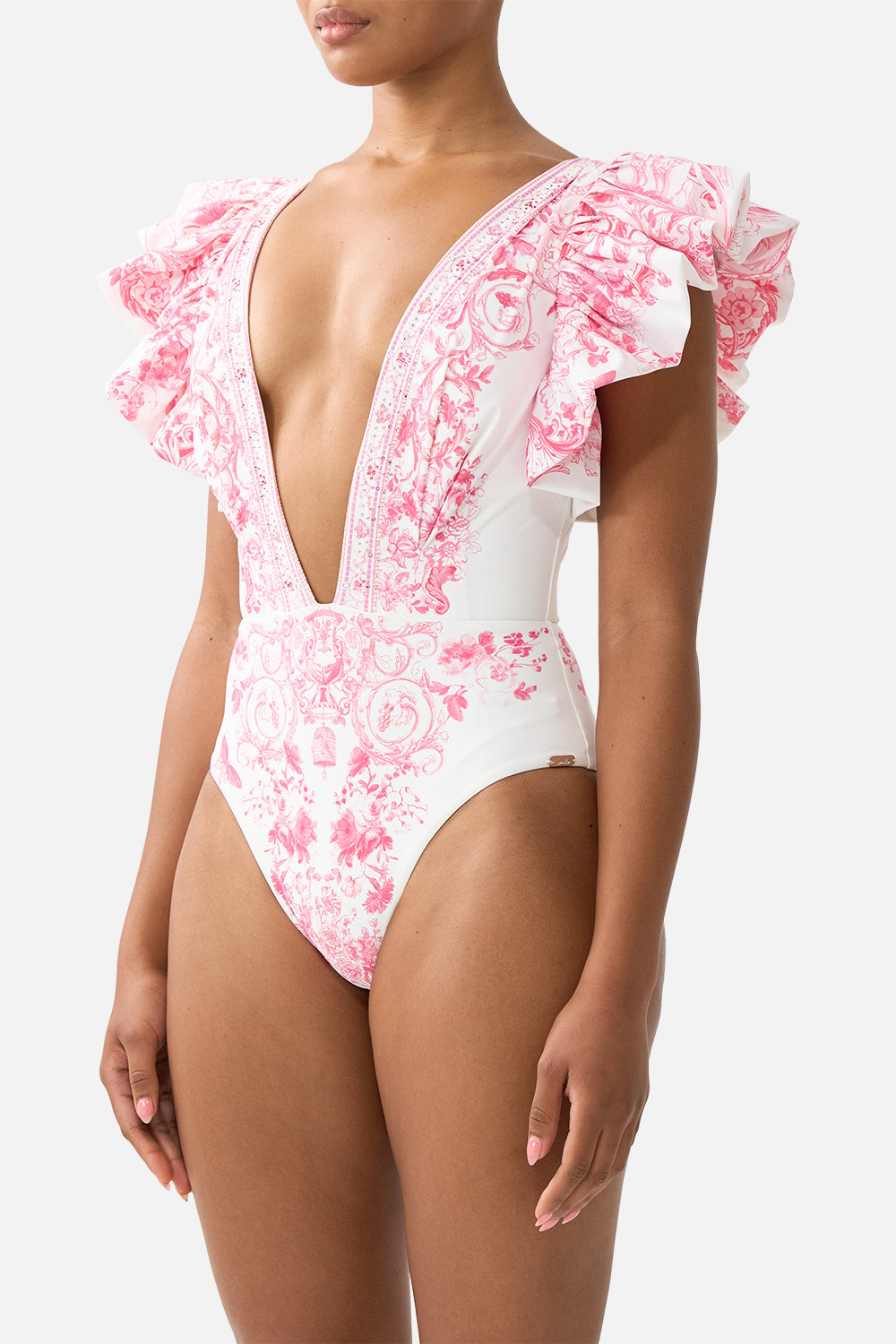 PLUNGE ONE PIECE W PLEATED RUFFLE SLEEVES LIVIN LA VIDA ROSA