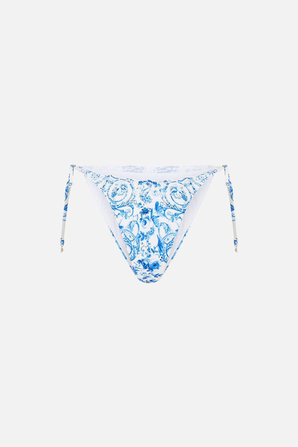 The CAMILLA DIP WAIST CHEEKY BIKINI BOTTOM WITH TIE SIDES CERAMIC PANORAMIC in our  print.