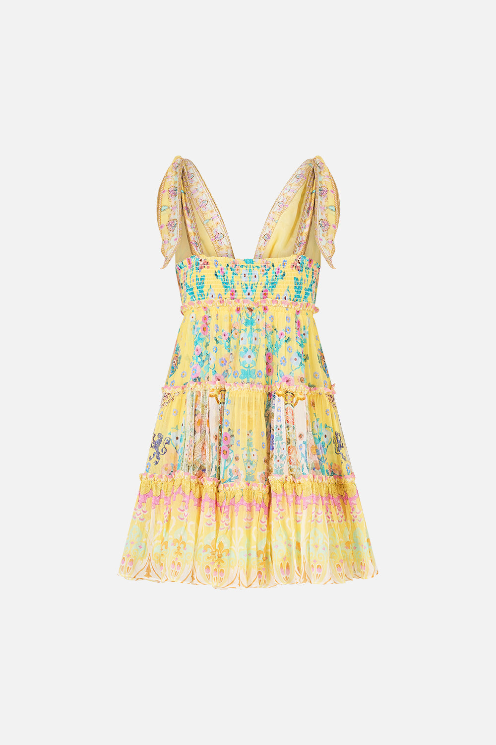 The CAMILLA tiered short dress with shoulder ties in our print Barcelona Bebé.