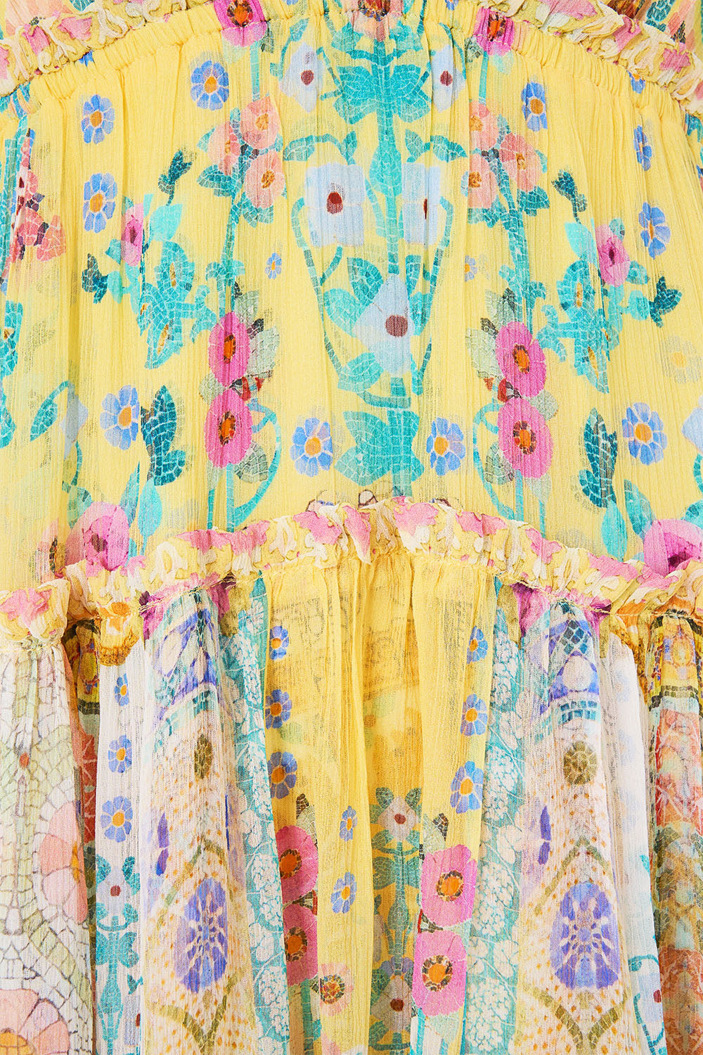The CAMILLA tiered short dress with shoulder ties in our print Barcelona Bebé.