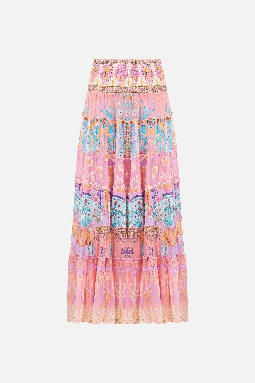 The CAMILLA SHIRRED WAIST TIERED CIRCLE SKIRT HOWDY GAUDI in our  print.