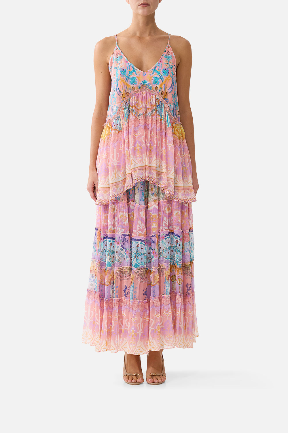 The CAMILLA SHIRRED WAIST TIERED CIRCLE SKIRT HOWDY GAUDI in our HOWDY GAUDI print.