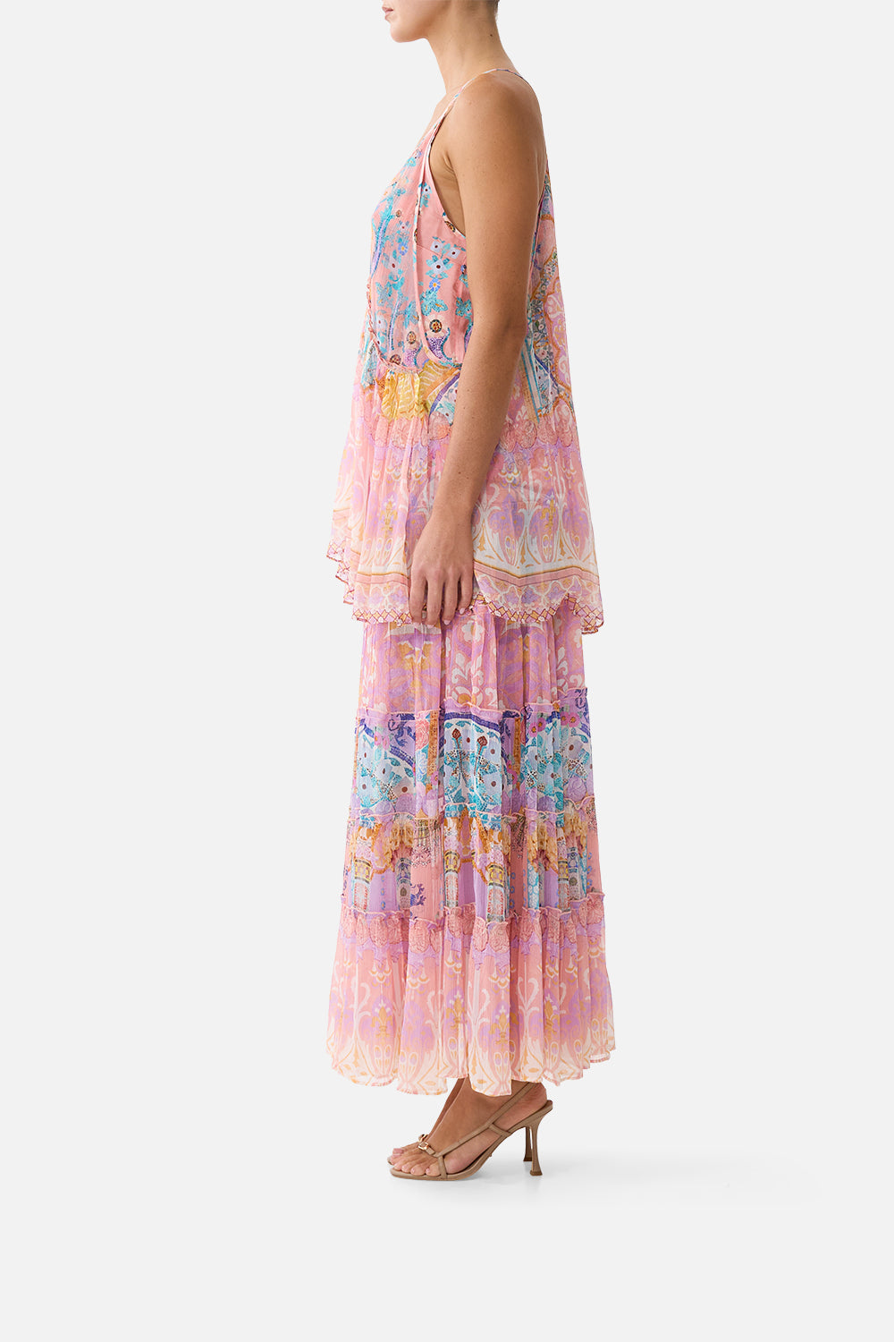 The CAMILLA SHIRRED WAIST TIERED CIRCLE SKIRT HOWDY GAUDI in our  print.