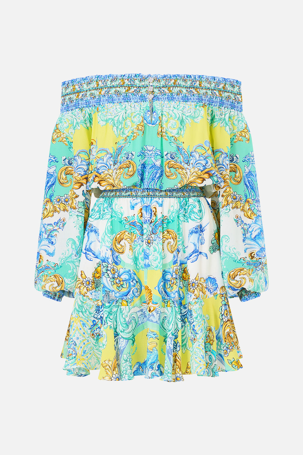The CAMILLA OFF SHOULDER SHORT DRESS DIAL UP THE TILES in our  print.