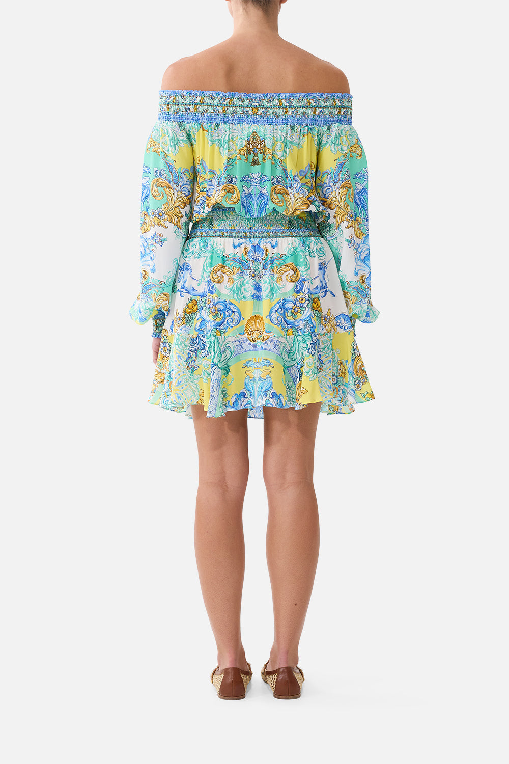 The CAMILLA OFF SHOULDER SHORT DRESS DIAL UP THE TILES in our  print.