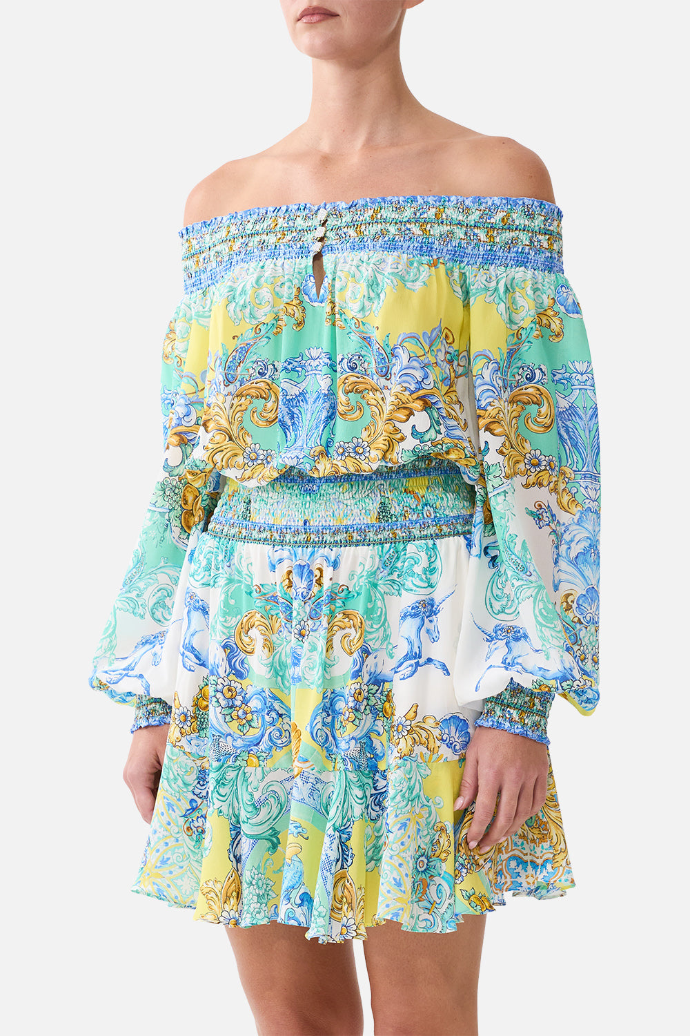 The CAMILLA OFF SHOULDER SHORT DRESS DIAL UP THE TILES in our  print.