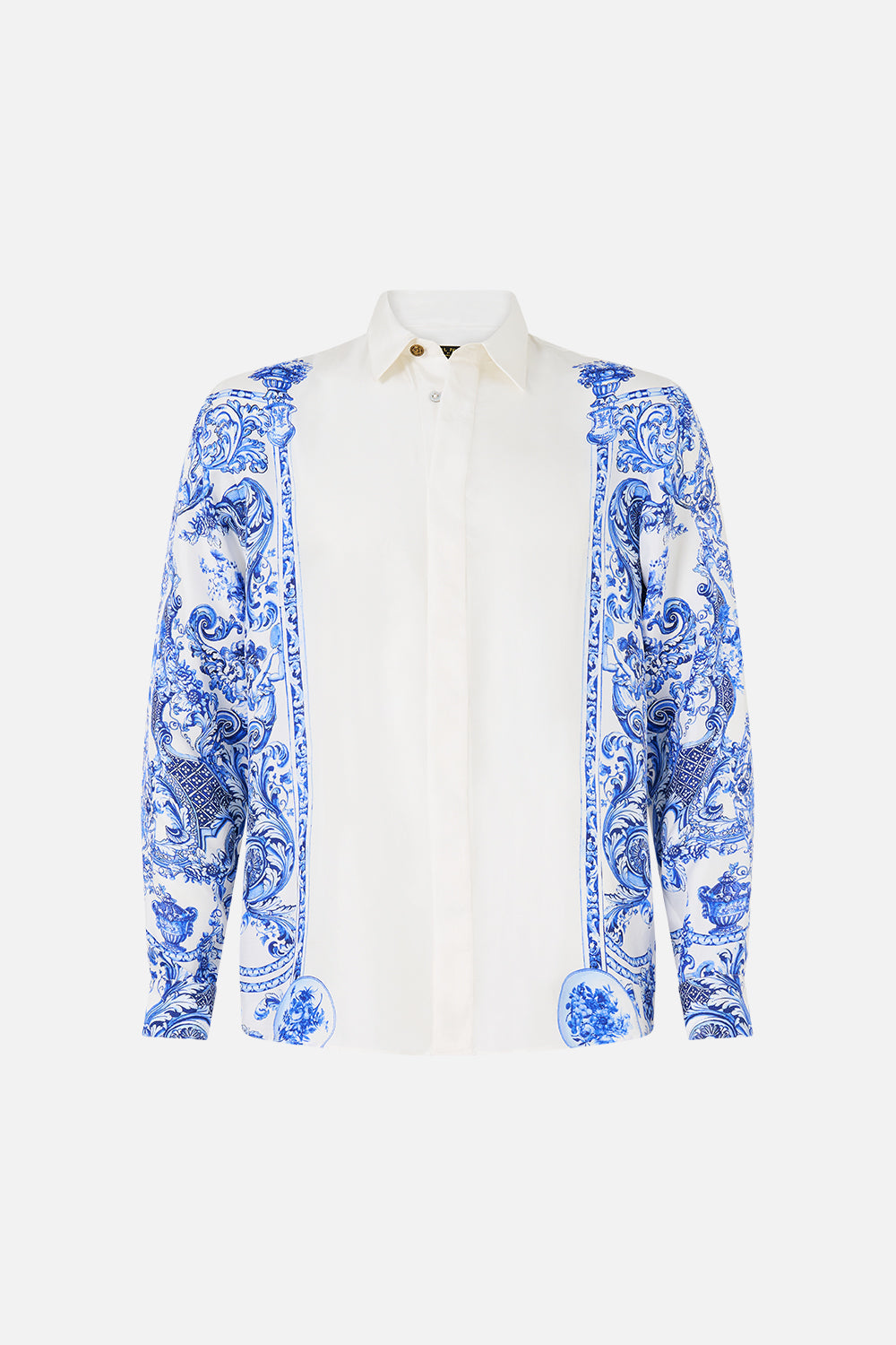 The CAMILLA LONG SLEEVE HIDDEN PLACKET SHIRT CERAMIC PANORAMIC in our  print.