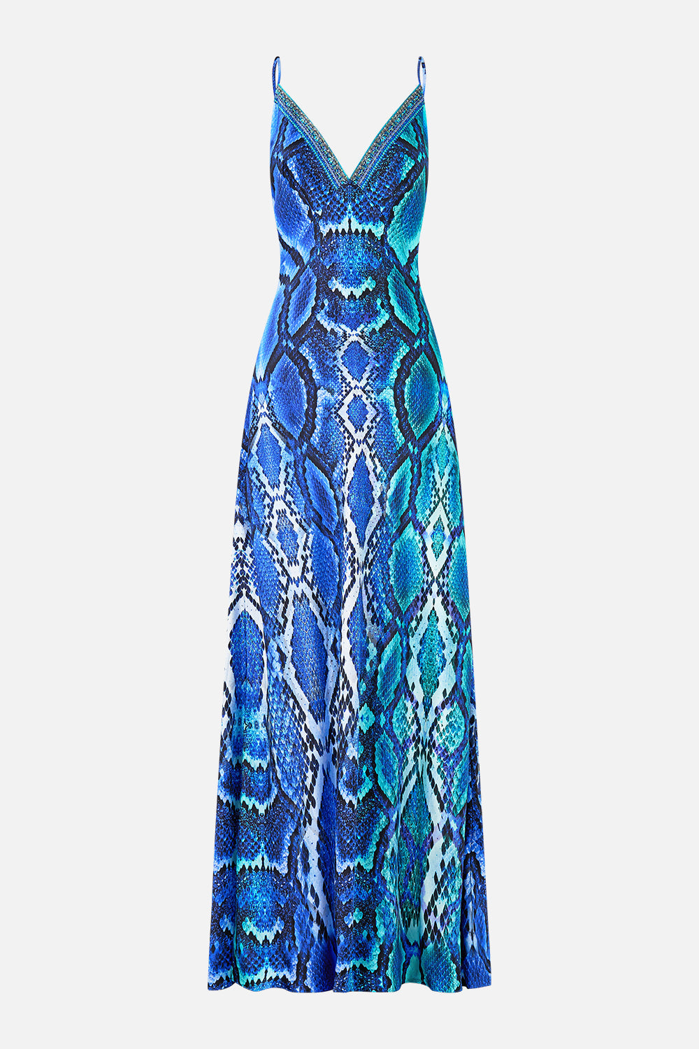 The CAMILLA V NECK FULL LENGTH BIAS SLIP DRESS THE SAPPHIRE SERPENT in our  print.