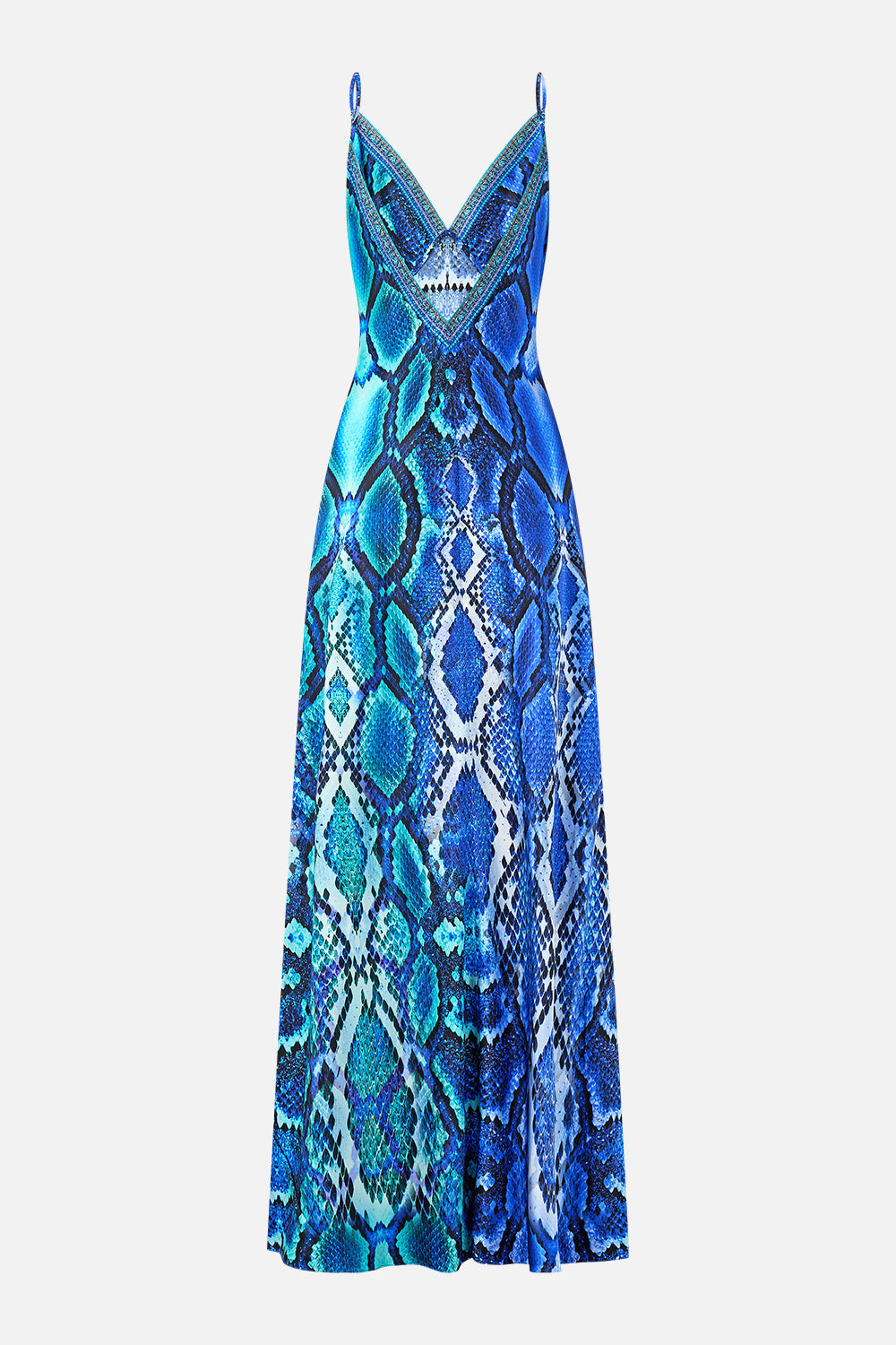 The CAMILLA V NECK FULL LENGTH BIAS SLIP DRESS THE SAPPHIRE SERPENT in our  print.
