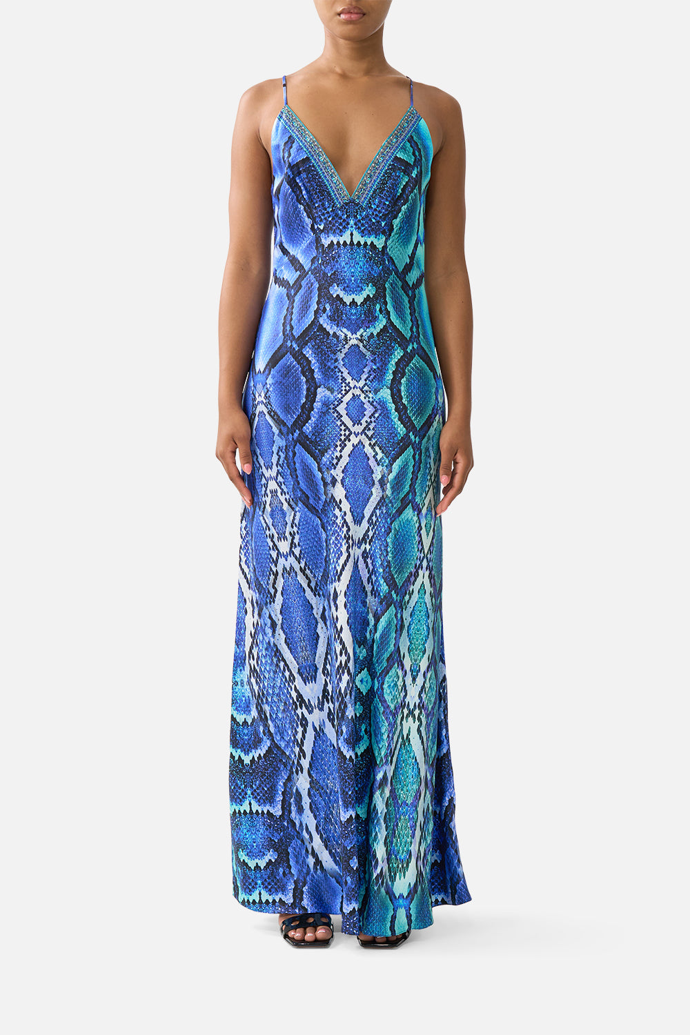 The CAMILLA V NECK FULL LENGTH BIAS SLIP DRESS THE SAPPHIRE SERPENT in our THE SAPPHIRE SERPENT print.