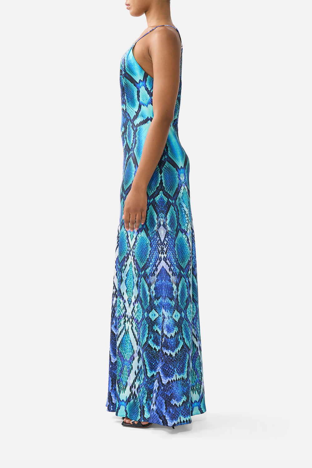 The CAMILLA V NECK FULL LENGTH BIAS SLIP DRESS THE SAPPHIRE SERPENT in our  print.