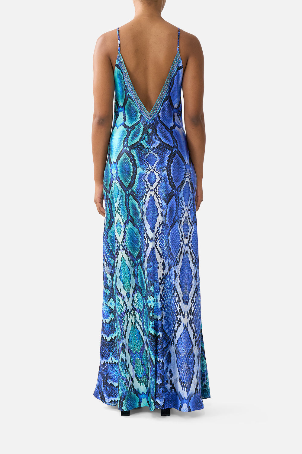 The CAMILLA V NECK FULL LENGTH BIAS SLIP DRESS THE SAPPHIRE SERPENT in our  print.
