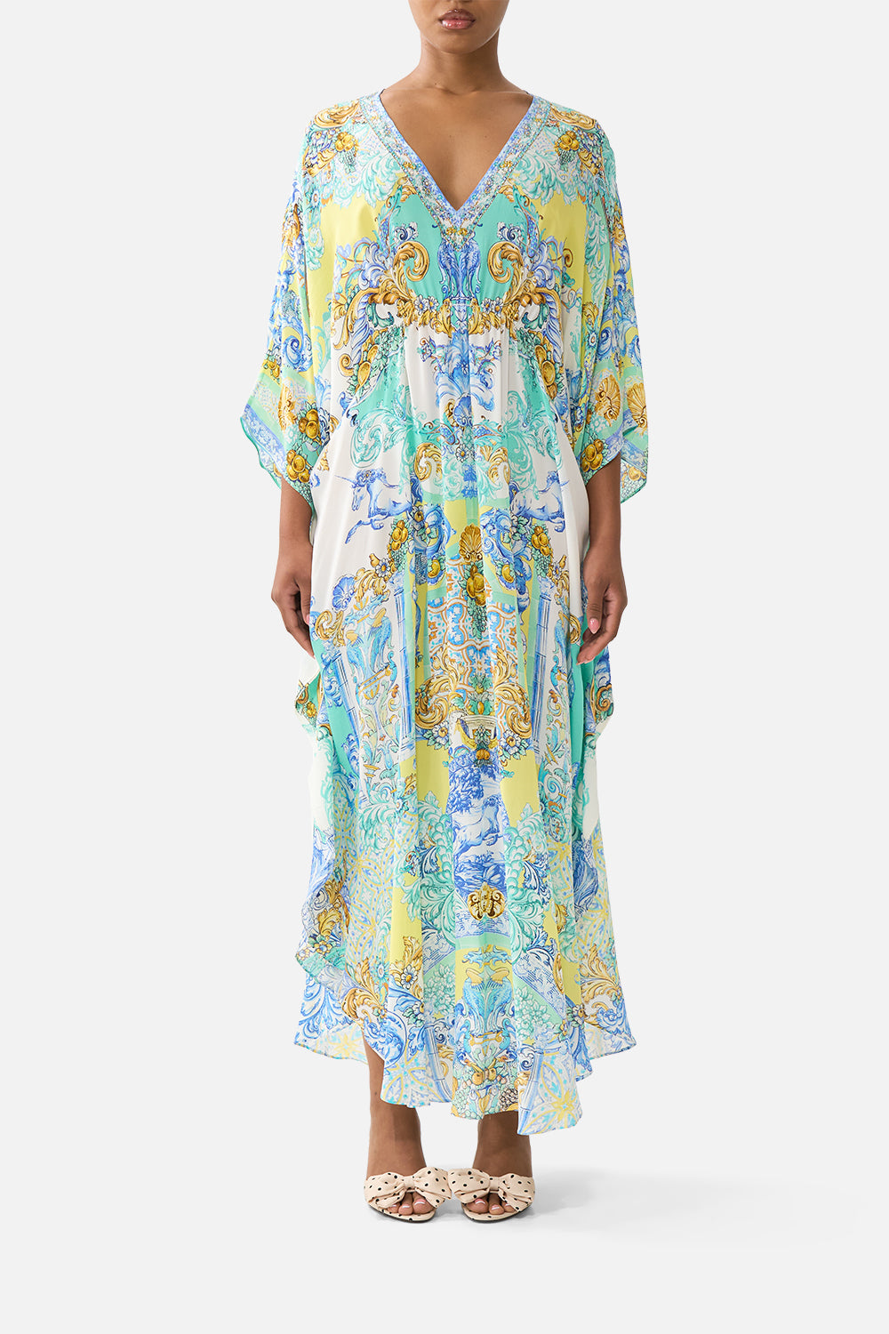 The CAMILLA GATHERED WAIST KAFTAN DIAL UP THE TILES in our DIAL UP THE TILES print.