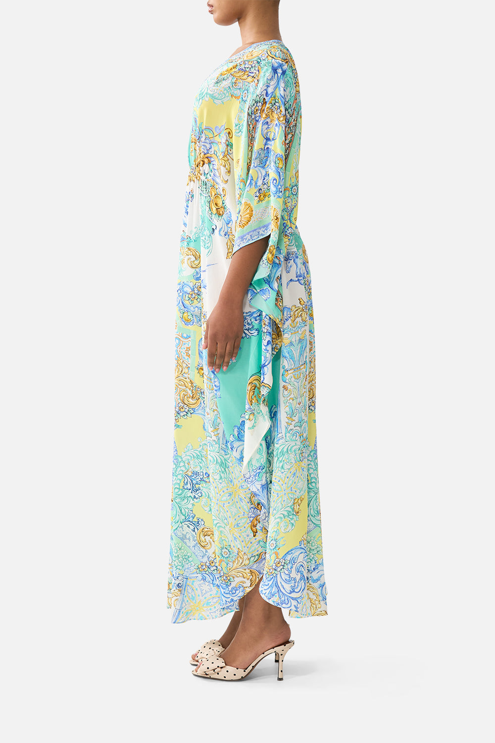 The CAMILLA GATHERED WAIST KAFTAN DIAL UP THE TILES in our  print.