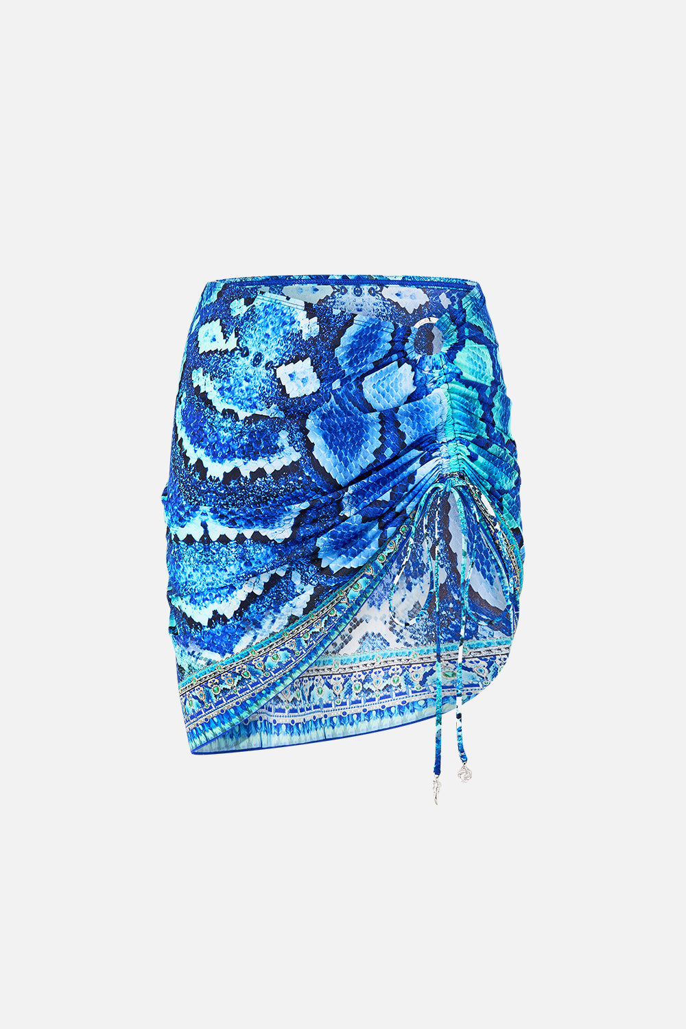The CAMILLA RUCHED SHORT SARONG W RING FRONT TRIM THE SAPPHIRE SERPENT in our  print.