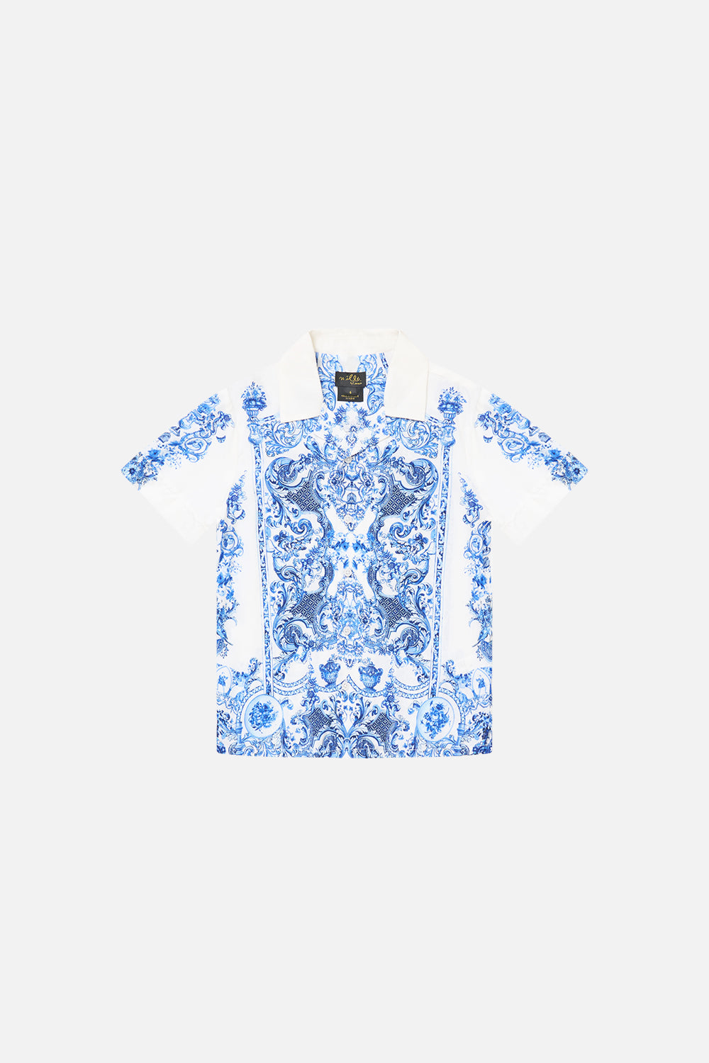 The CAMILLA BOYS SHORT SLEEVE CAMP COLLARED SHIRT CERAMIC PANORAMIC in our CERAMIC PANORAMIC print.