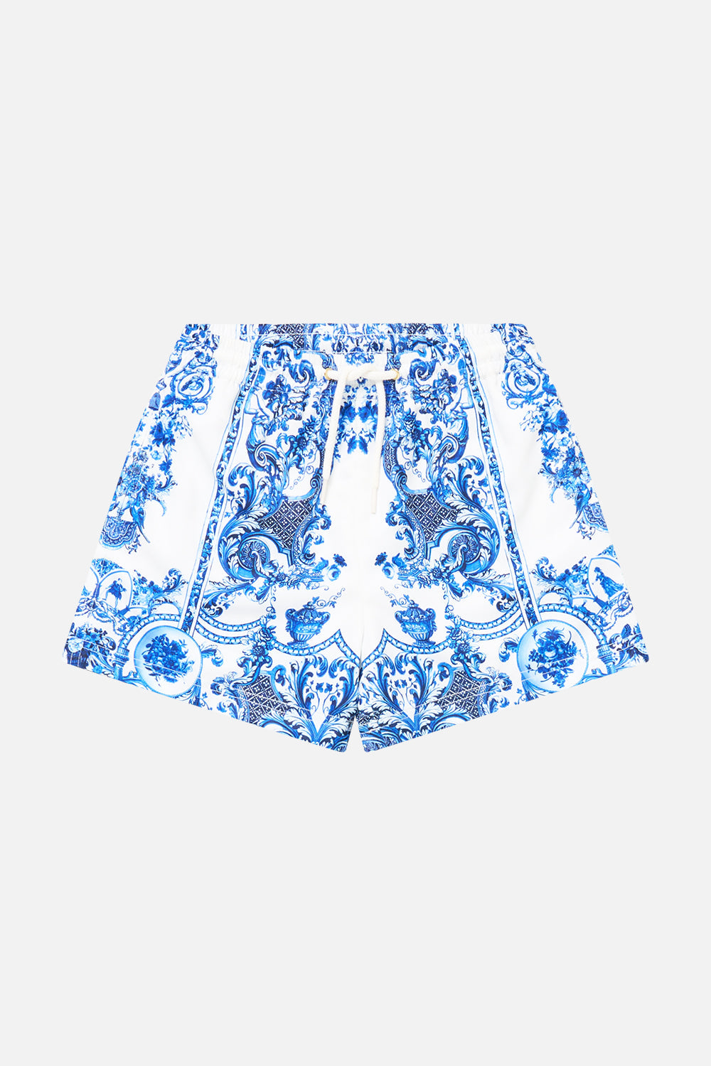 The CAMILLA BOYS MID LENGTH BOARDSHORT W ELASTIC WAIST CERAMIC PANORAMIC in our CERAMIC PANORAMIC print.