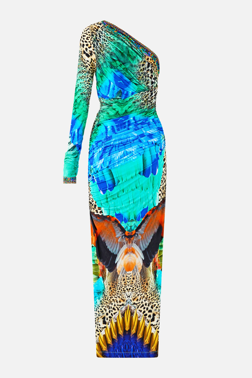 The CAMILLA one shoulder jersey cut out dress from our print jungle flight, back product view