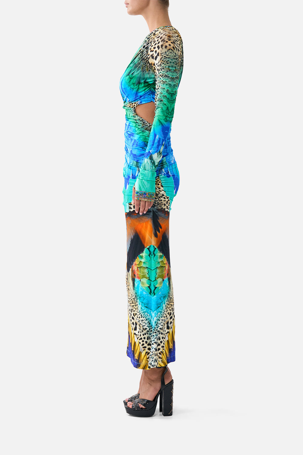 The CAMILLA one shoulder jersey cut out dress from our print jungle flight, side model view