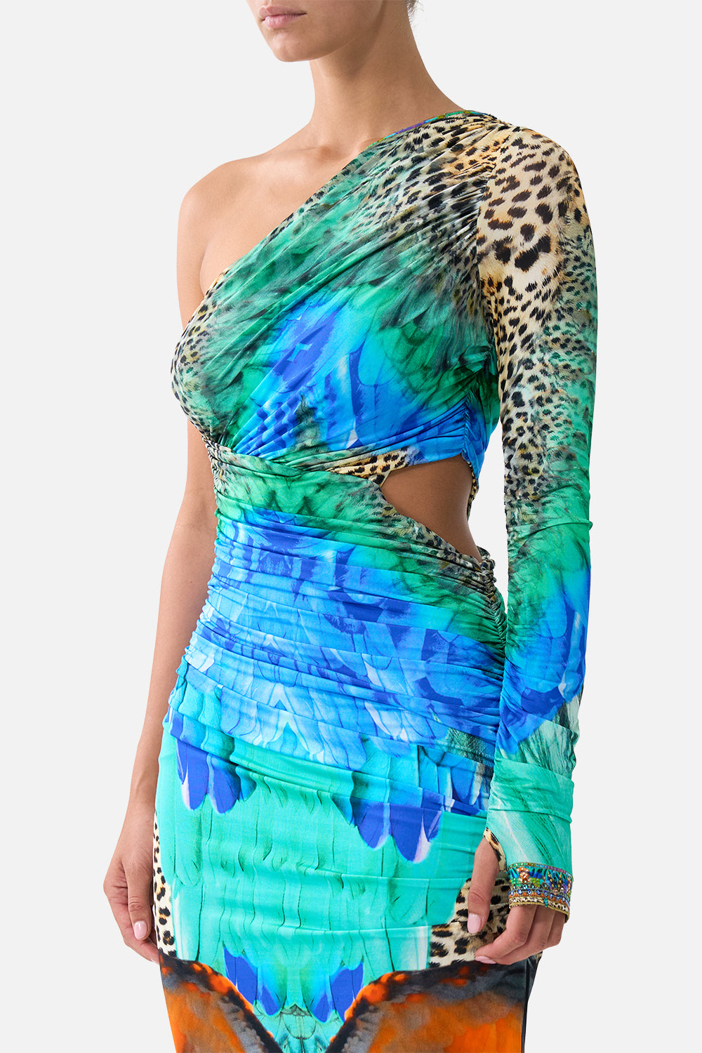ONE SHOULDER JERSEY CUT OUT DRESS JUNGLE FLIGHT