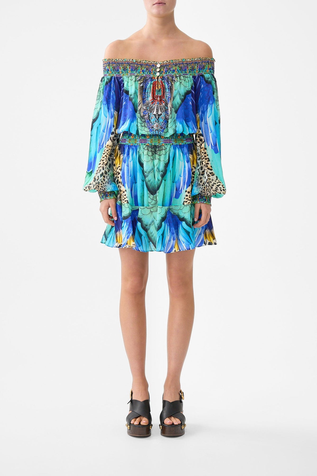 OFF SHOULDER SHORT DRESS JUNGLE FLIGHT